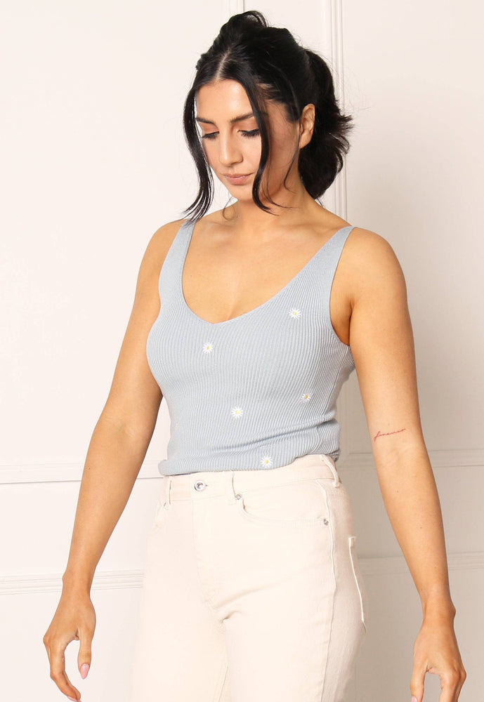 
                  
                    JDY Daisy Embroidered Ribbed Knit V Neck Tank Top Vest in Light Blue - One Nation Clothing
                  
                