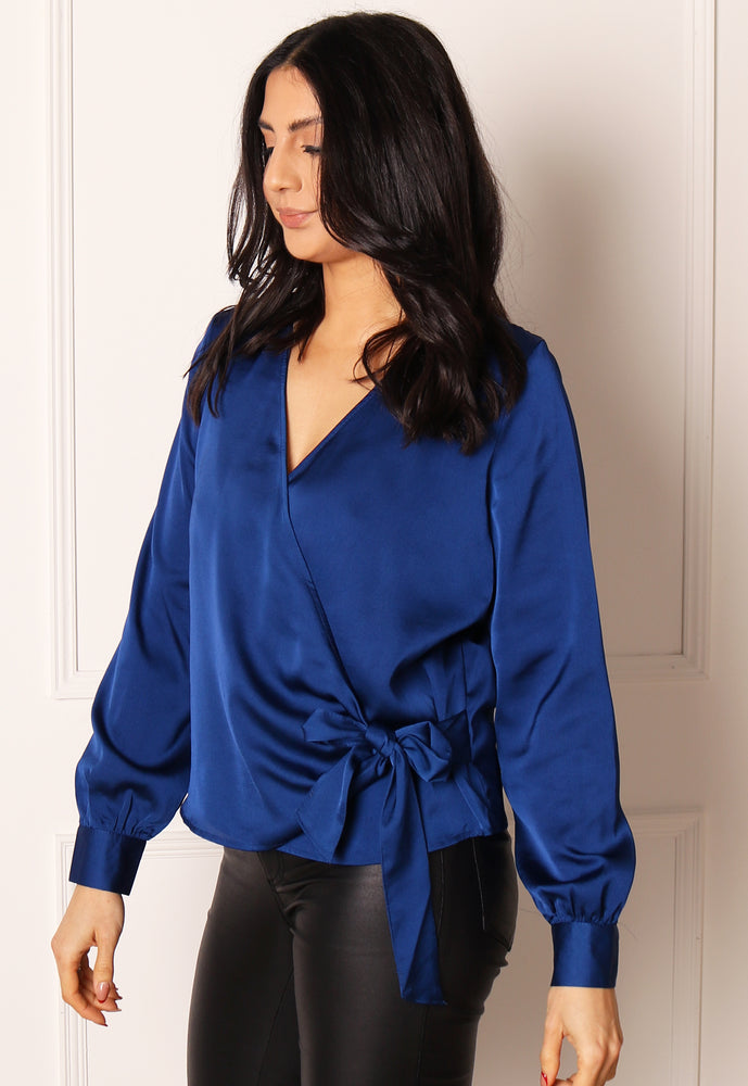 VERO MODA Neel Satin Long Sleeve Wrap Over Blouse Top in Blue - One Nation Clothing