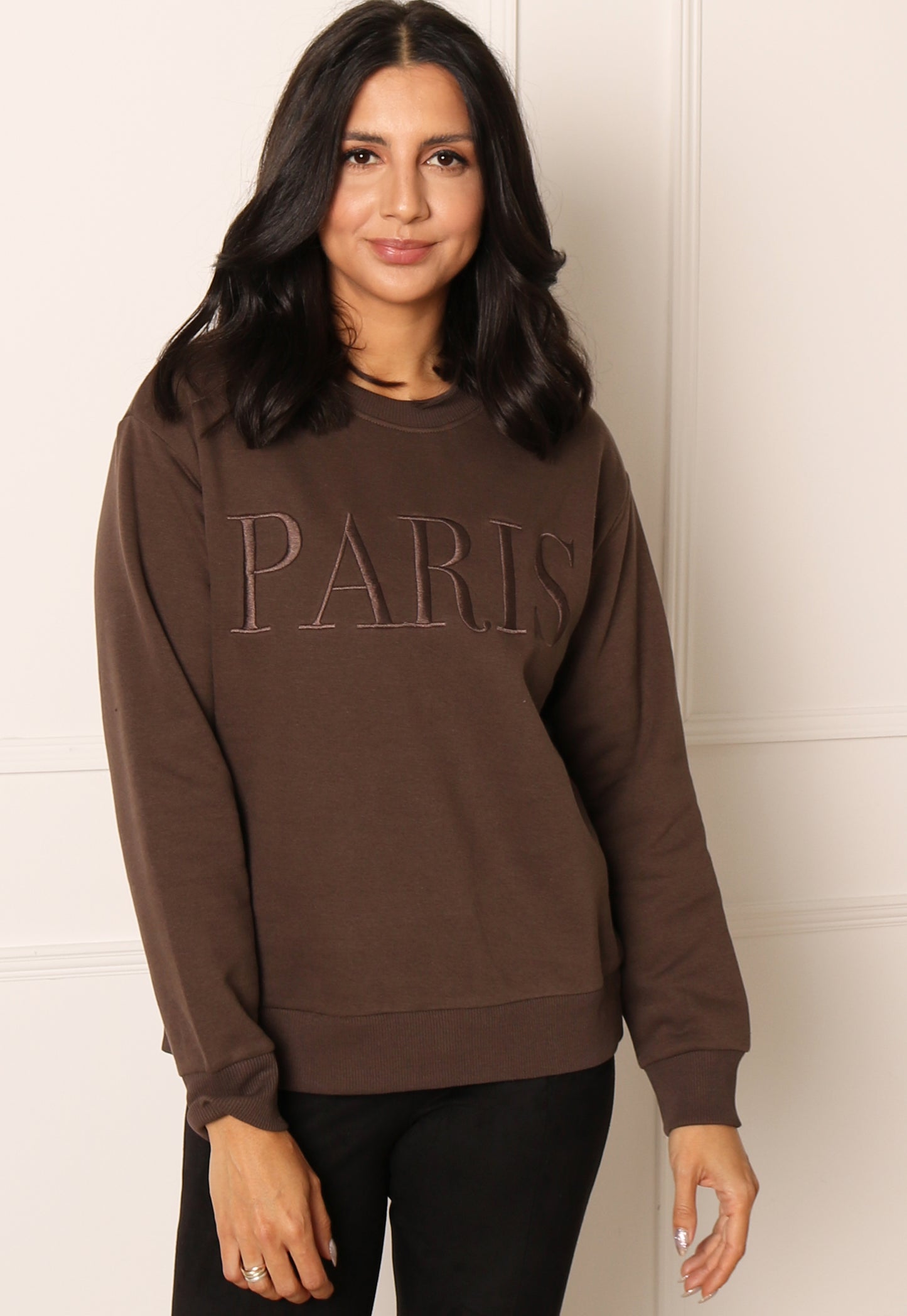 ONLY Paris Embroidered Slogan Sweatshirt in Chocolate Brown - One Nation Clothing