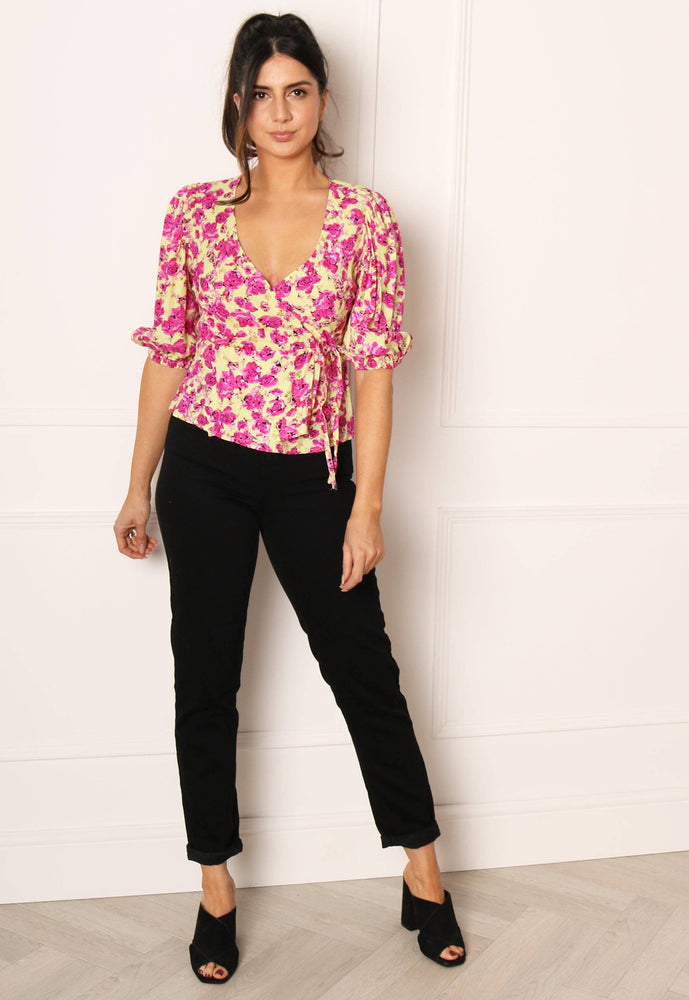 
                  
                    ONLY Pio Floral Print Wrap Top Blouse with Three Quarter Sleeves in Pink & Yellow - One Nation Clothing
                  
                