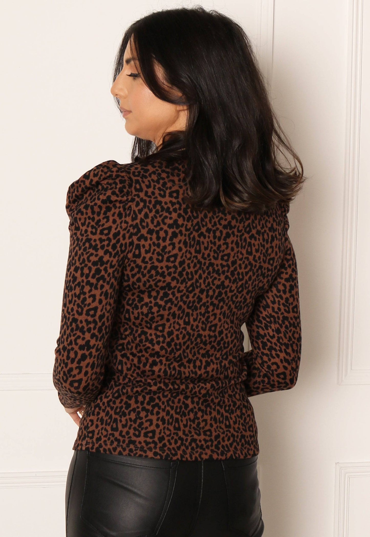 JDY Tonsy Leopard Puff Sleeve Top in Black & Brown - One Nation Clothing