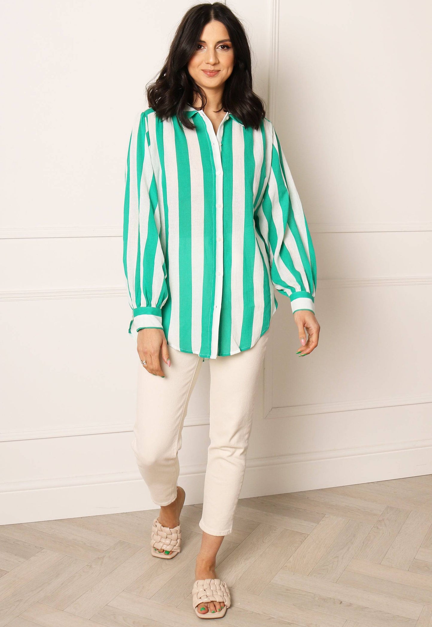 VILA Stripe Lightweight Oversized Cotton Shirt in Green & White - One Nation Clothing