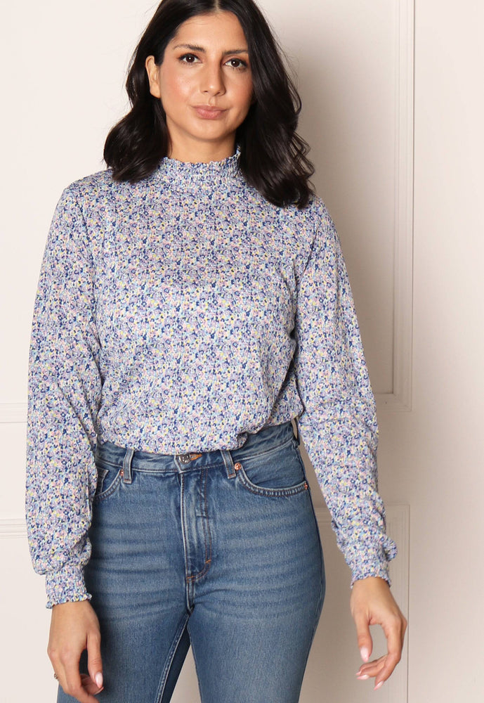 ONLY Pella Ditsy Floral High Neck Blouse Top in Blue Tones - One Nation Clothing