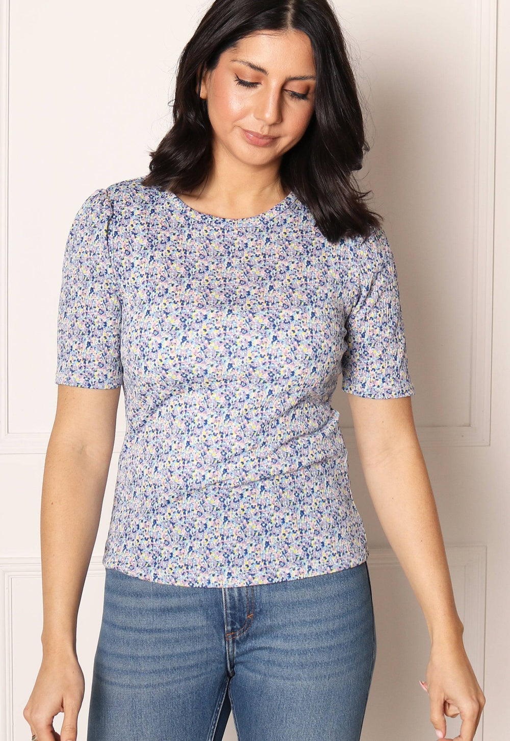 ONLY Pella Ditsy Floral Short Sleeve Top in Blue Tones - One Nation Clothing