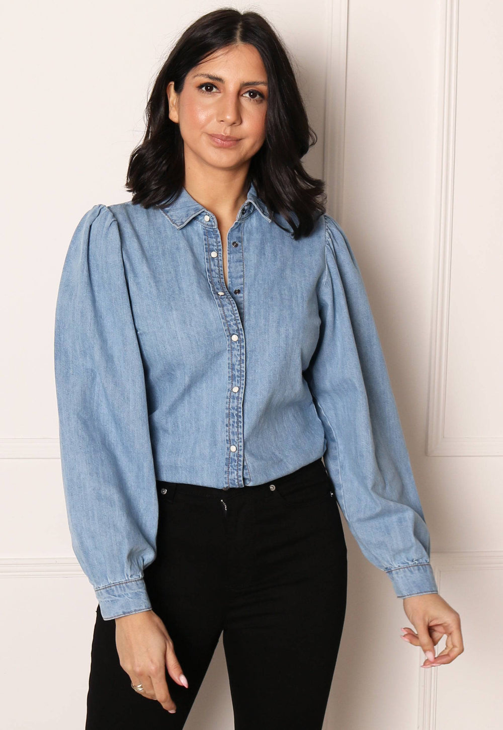 ONLY Rocco Denim Shirt with Puff Sleeve in Washed Blue - One Nation Clothing