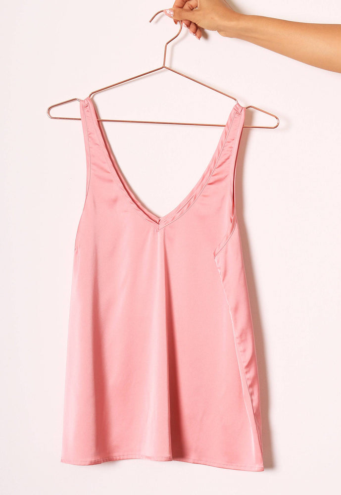 
                  
                    Satin V Neck Cami Wide Strap Vest Top in Mid Pink - One Nation Clothing
                  
                