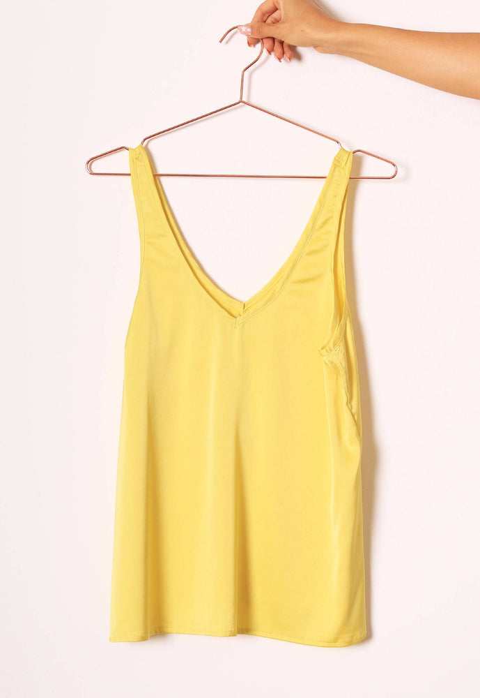 Satin V Neck Cami Wide Strap Vest Top in Lemon Yellow - One Nation Clothing