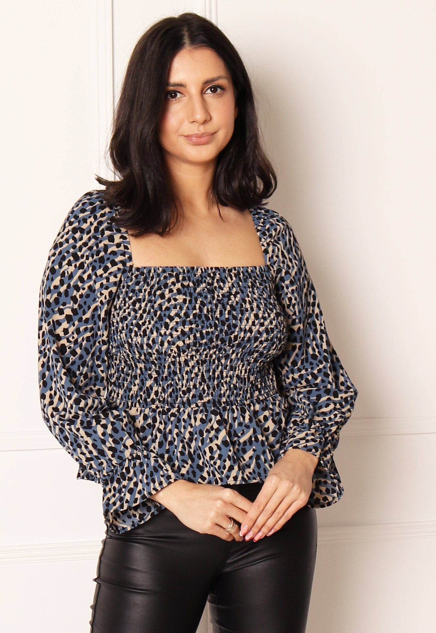 ONLY Lux Animal Print Shirred Top in Blue, Beige & Black - One Nation Clothing