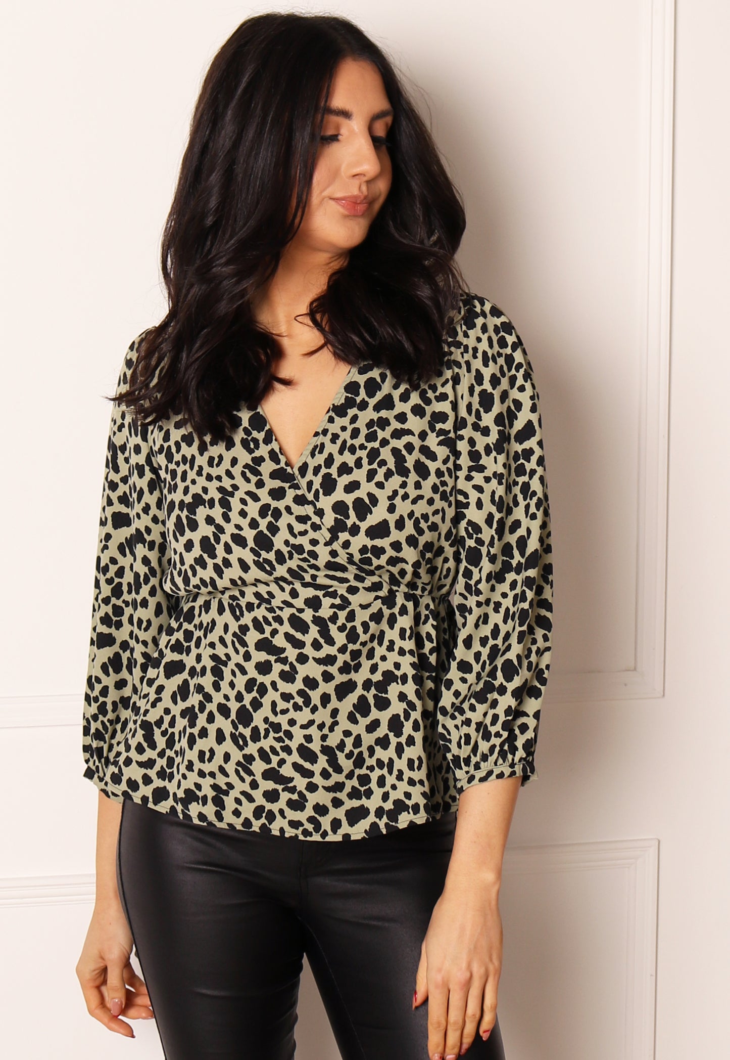 ONLY Sumi Leopard Print Wrap Top with Three Quarter Sleeves in Green & Black - One Nation Clothing