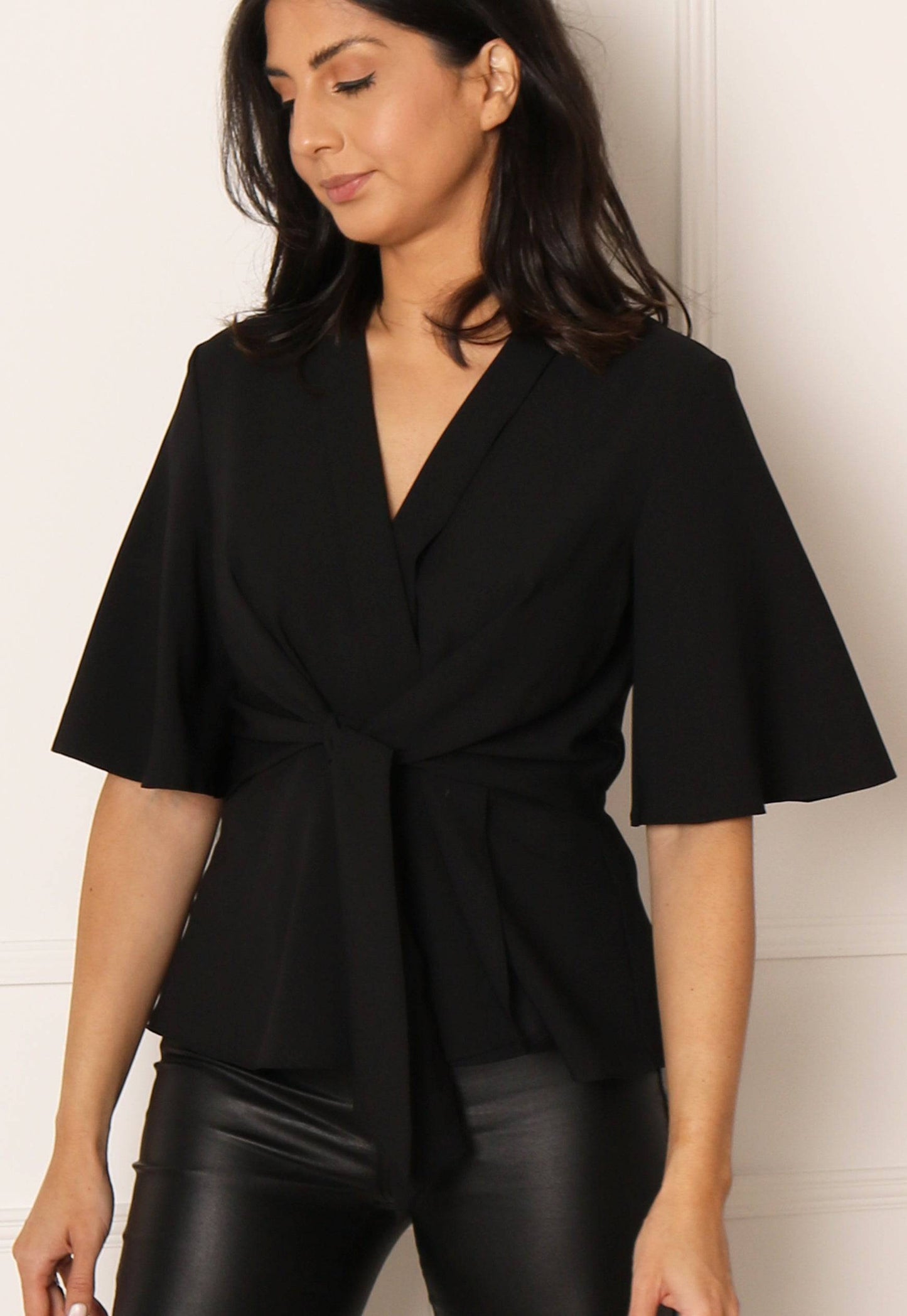 Angel Kimono Sleeve Blouse with Knot Detail in Black - One Nation Clothing