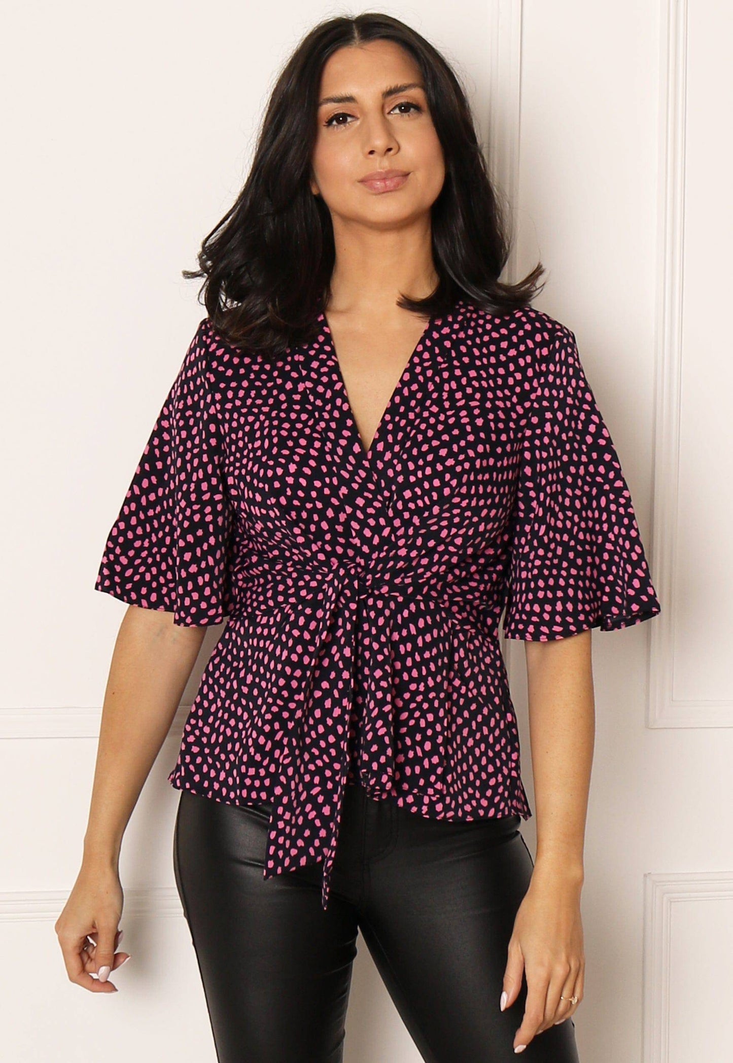 
                  
                    Kimono Sleeve Knot Detail Blouse Top in Black & Pink - One Nation Clothing
                  
                