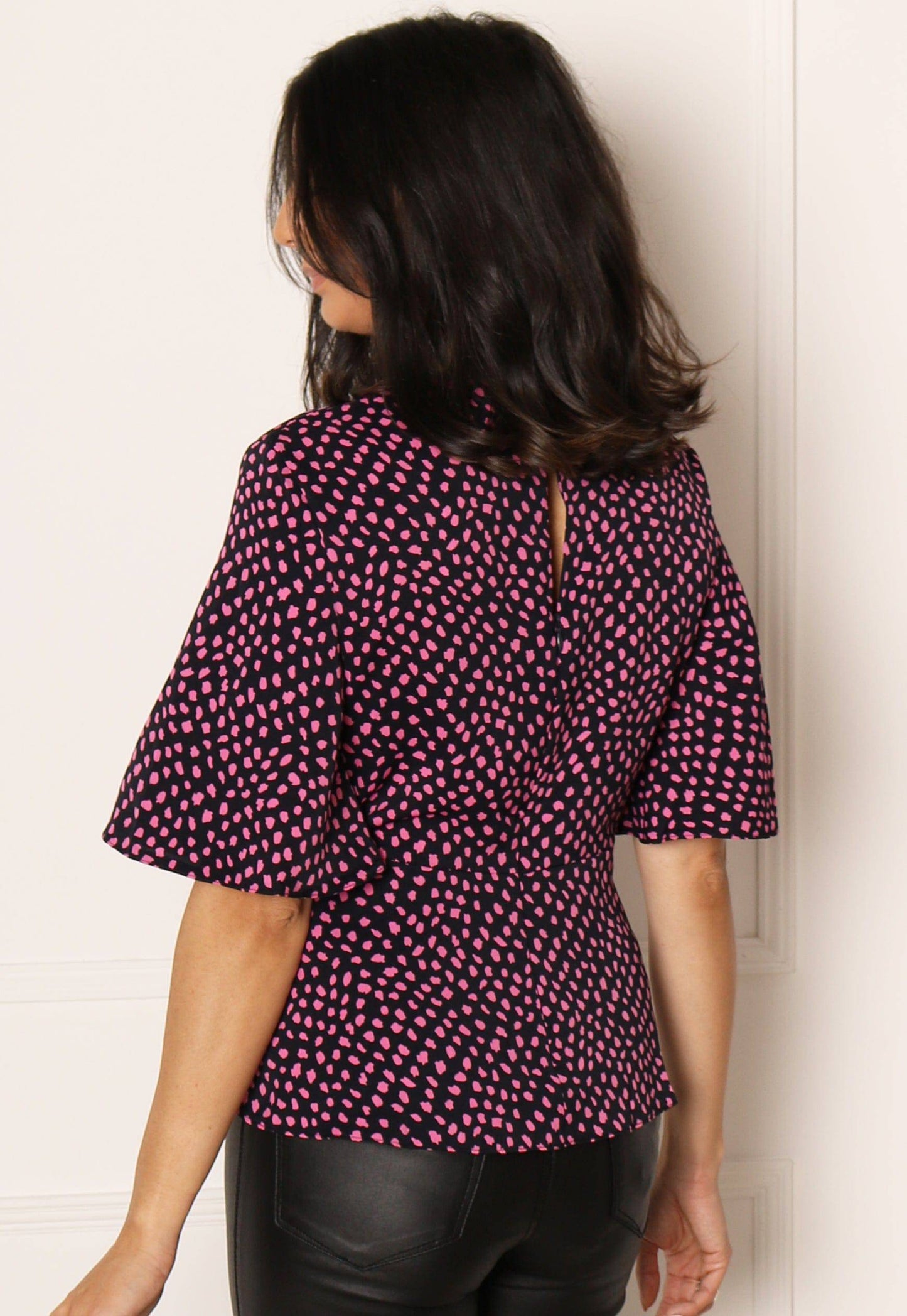 Kimono Sleeve Knot Detail Blouse Top in Black & Pink - One Nation Clothing