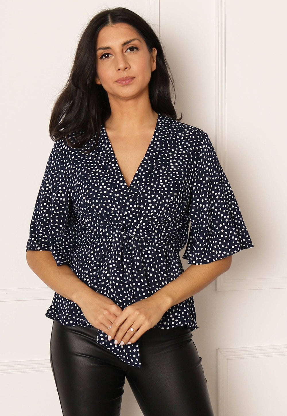 Kimono Sleeve Knot Detail Blouse Top in Navy & White - One Nation Clothing