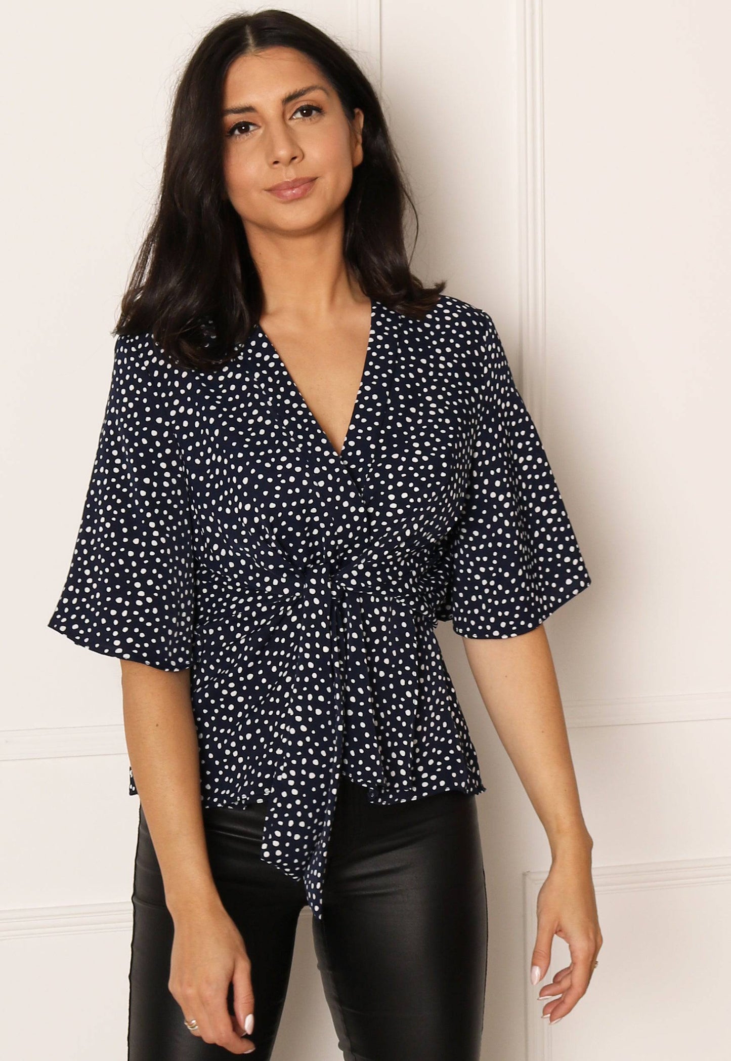 
                  
                    Kimono Sleeve Knot Detail Blouse Top in Navy & White - One Nation Clothing
                  
                