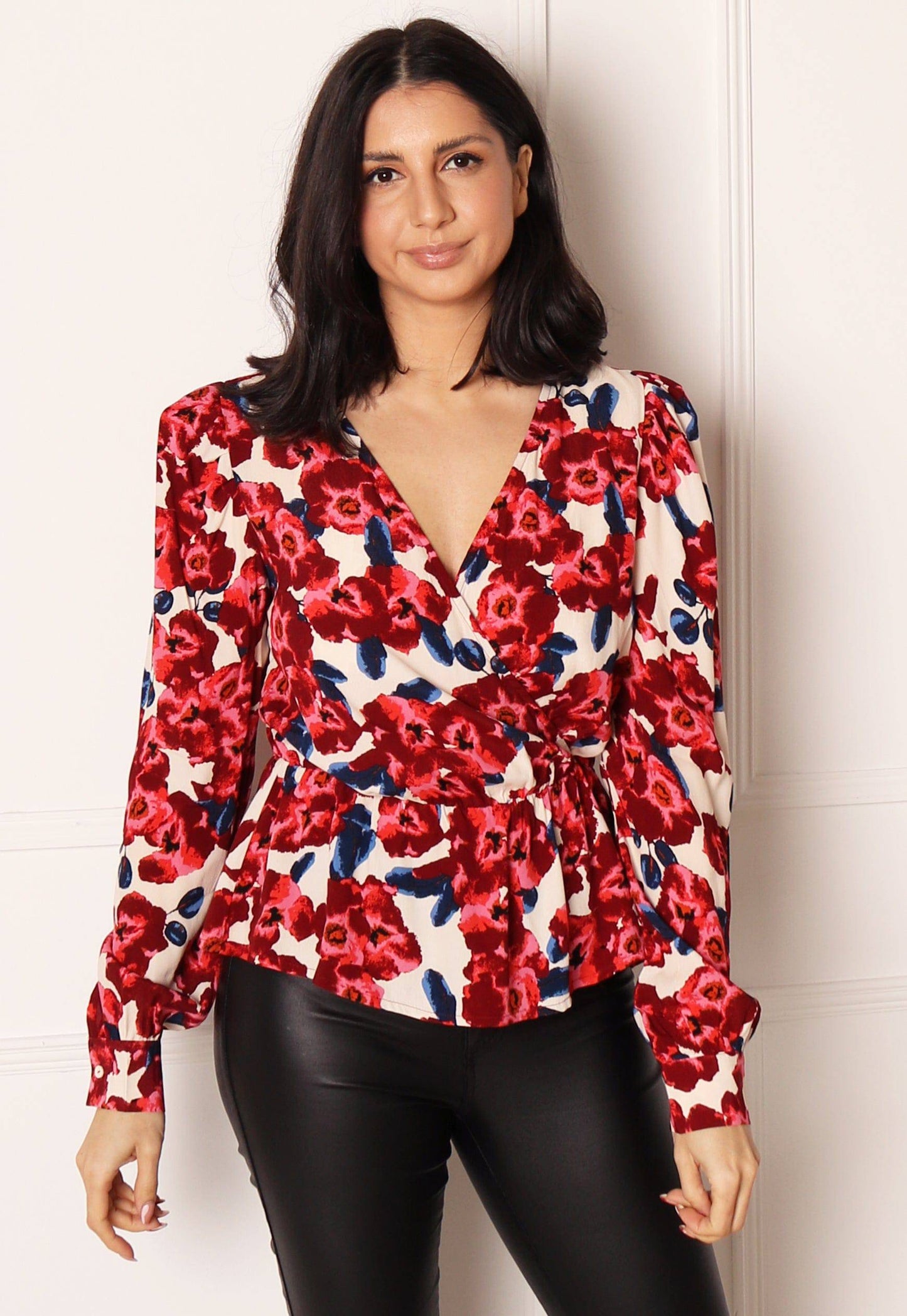 
                  
                    ONLY True Floral Print Wrap Top with Long Sleeves in Red & Pink - One Nation Clothing
                  
                
