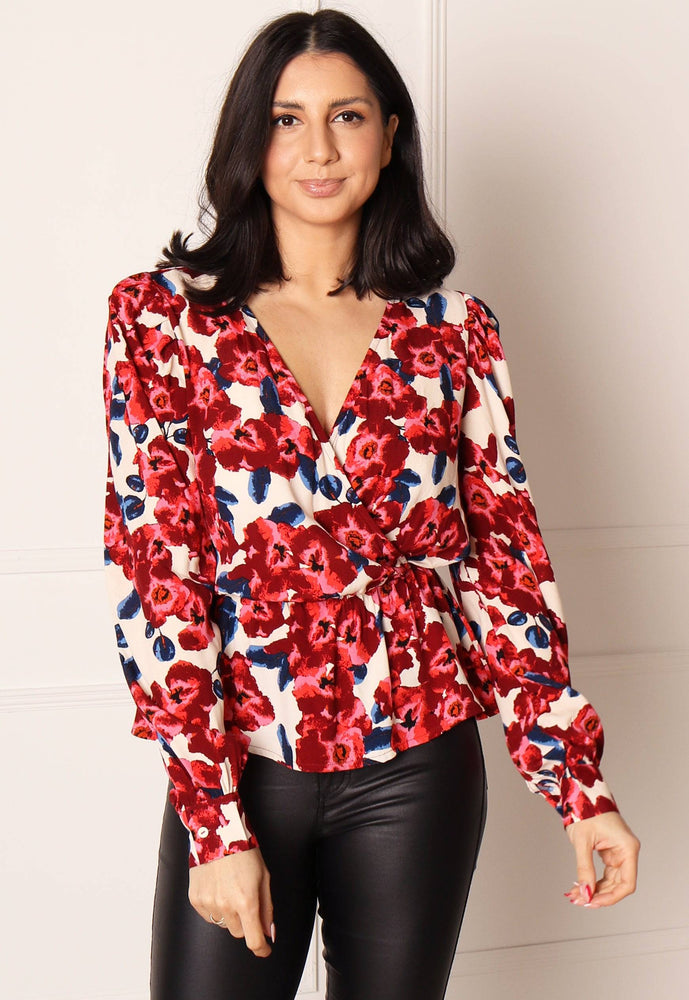 ONLY True Floral Print Wrap Top with Long Sleeves in Red & Pink - One Nation Clothing