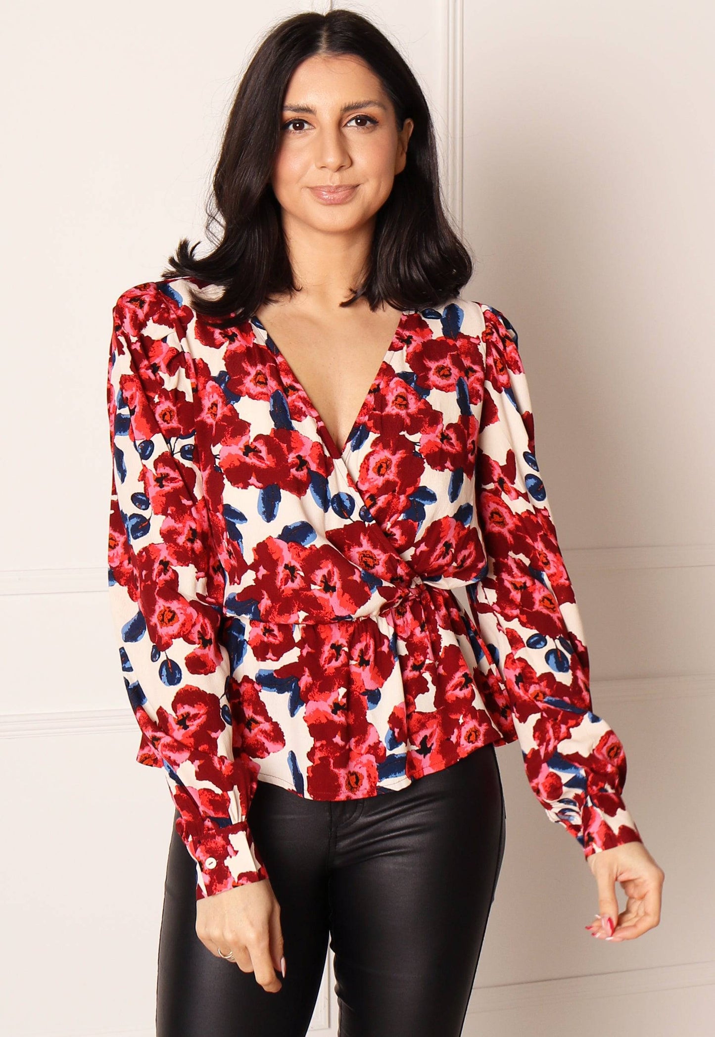 ONLY True Floral Print Wrap Top with Long Sleeves in Red & Pink - One Nation Clothing