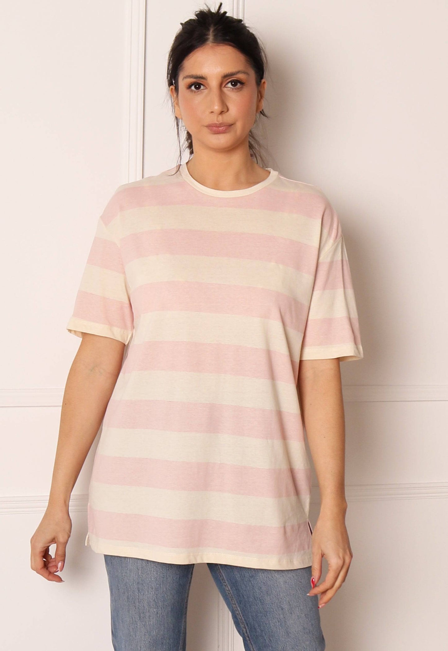 PIECES Wide Stripe Oversized Tee in Pink & Cream - One Nation Clothing