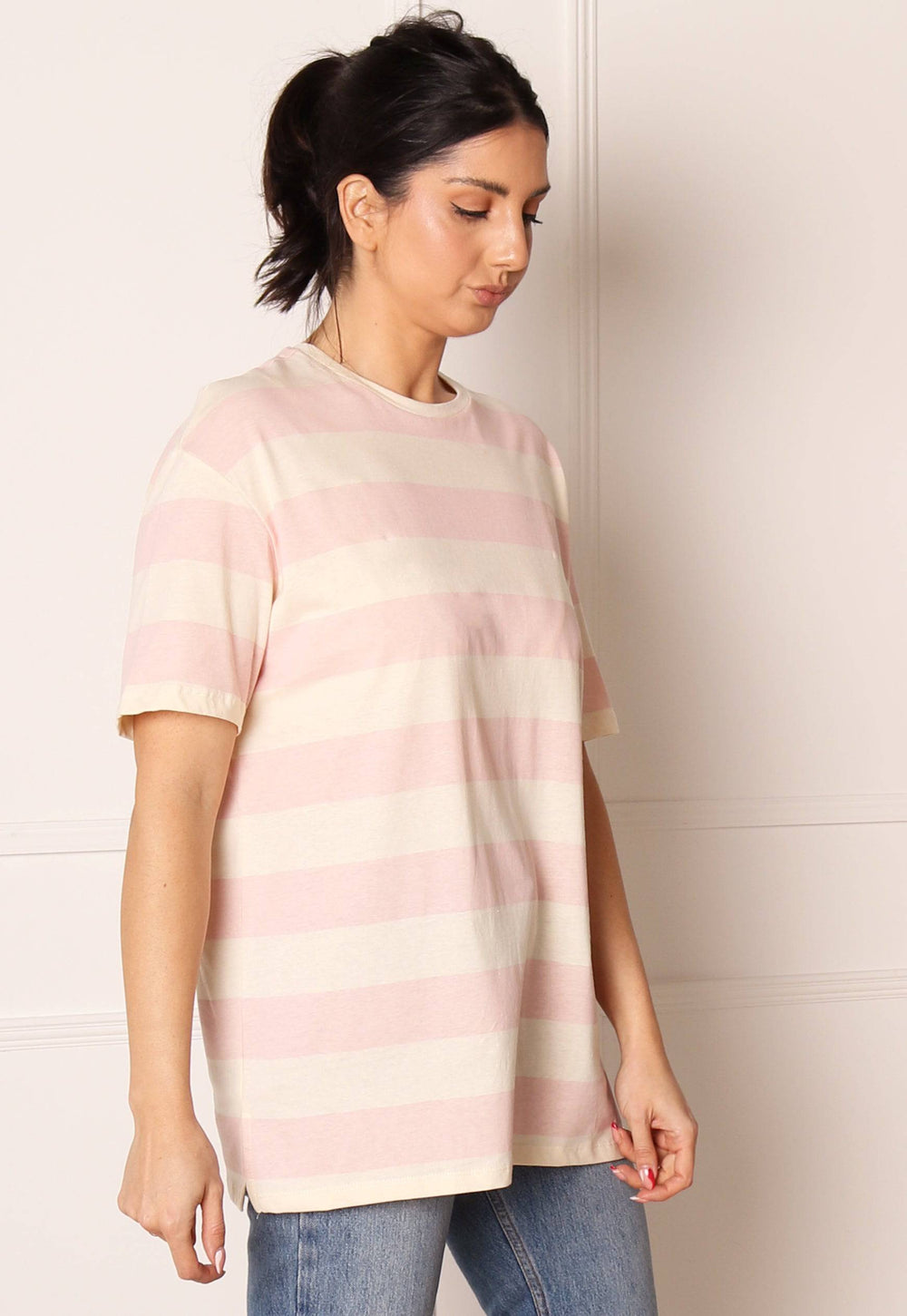 PIECES Wide Stripe Oversized Tee in Pink & Cream - One Nation Clothing