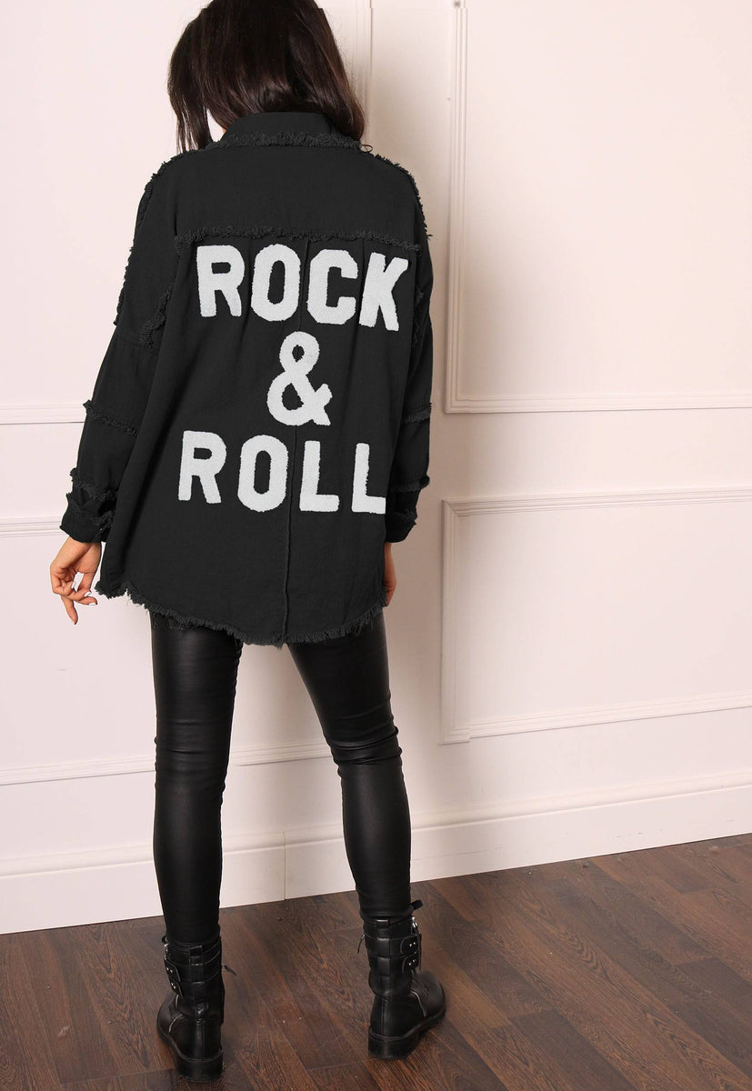 Rock & Roll Slogan Oversized Shirt Jacket in Black | One Nation ...