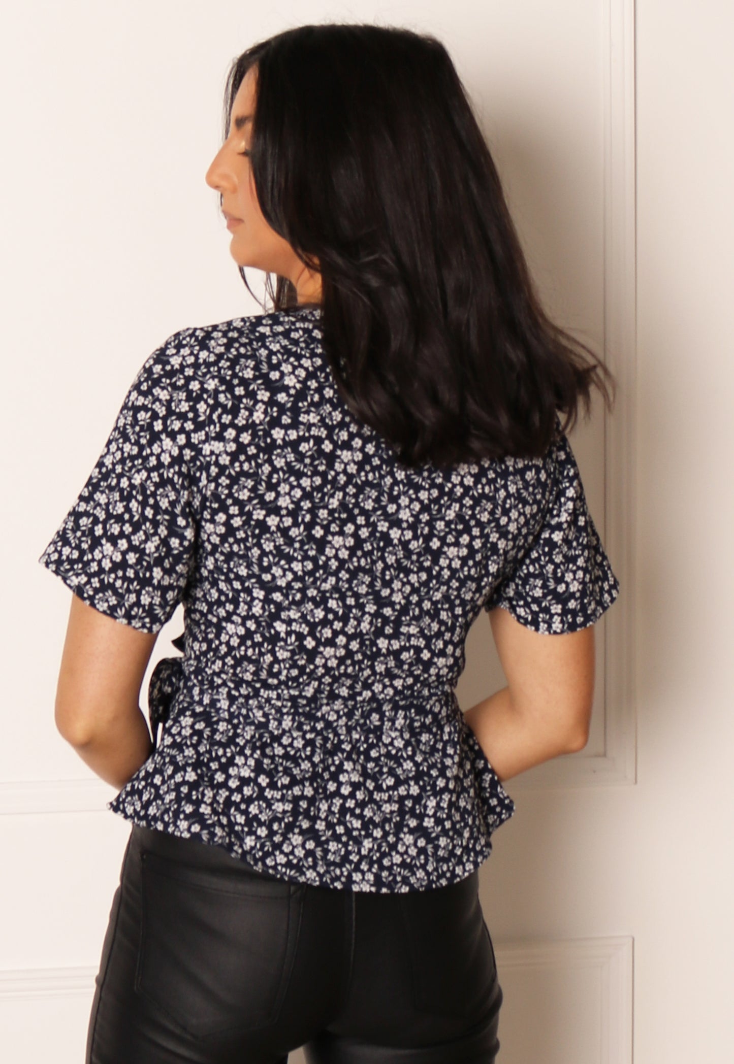 
                  
                    ONLY Carly Ditsy Floral Print Frill Wrap Top in Navy & White - One Nation Clothing
                  
                