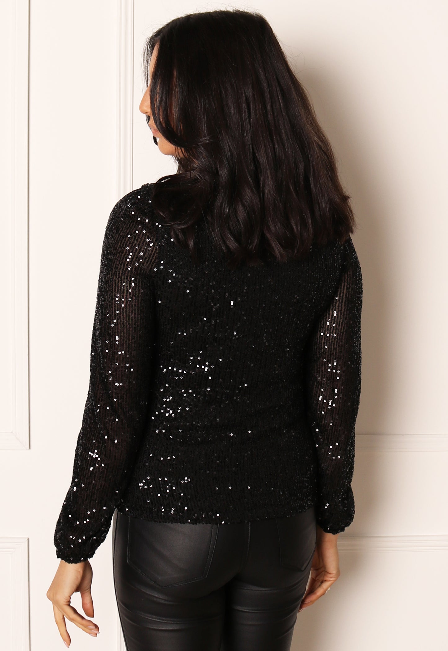 
                  
                    PIECES High Neck Long Sleeve Sequin Top in Black - One Nation Clothing
                  
                