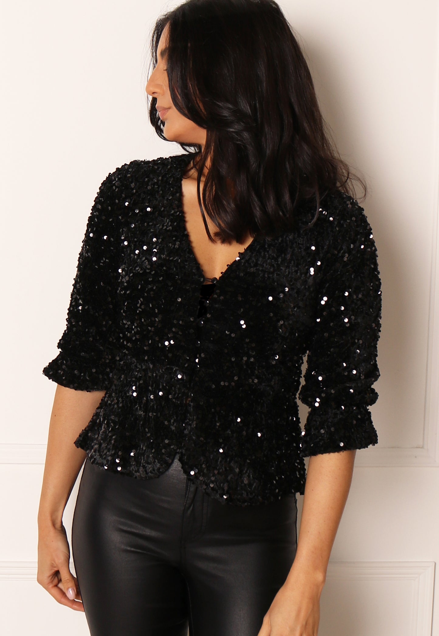 ONLY Anika Sequin & Velvet Button Up Peplum Top in Black - One Nation Clothing