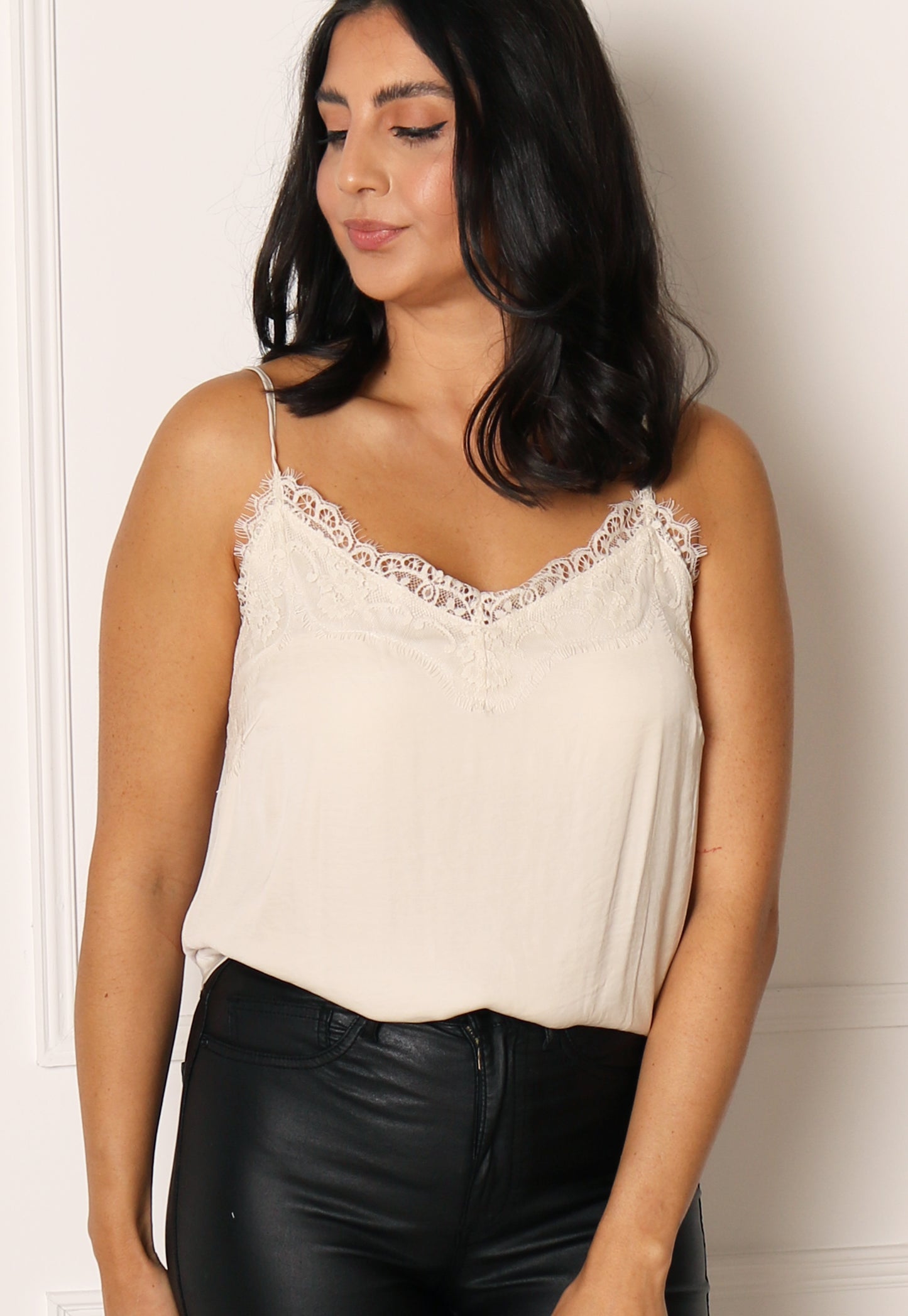 
                  
                    VILA Cava Eyelash Lace Trimmed Satin Strappy Cami Vest Top in Cream - One Nation Clothing
                  
                