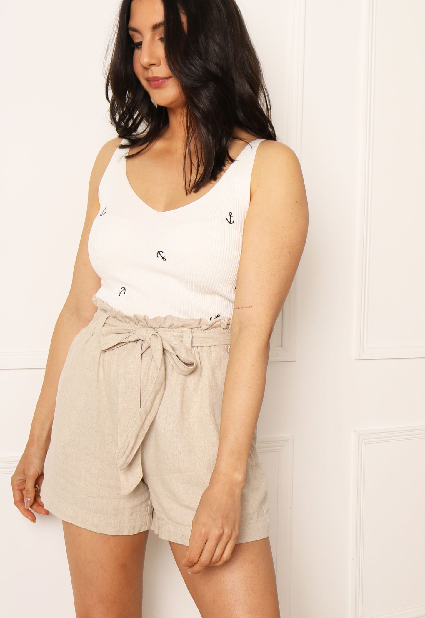 JDY Say High Waisted Linen Shorts with Belt in Beige - One Nation Clothing