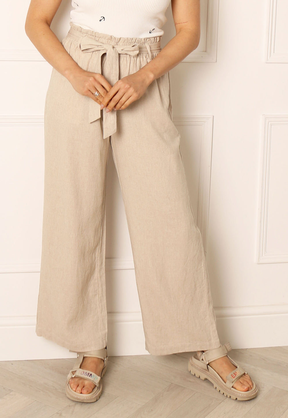 JDY Say High Waisted Wide Leg Linen Trousers with Belt in Beige
