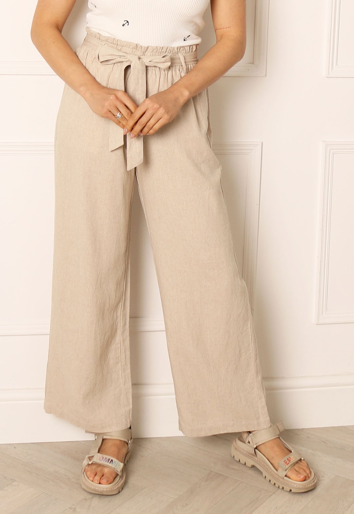 JDY Say High Waisted Wide Leg Linen Trousers with Belt in Beige - One Nation Clothing