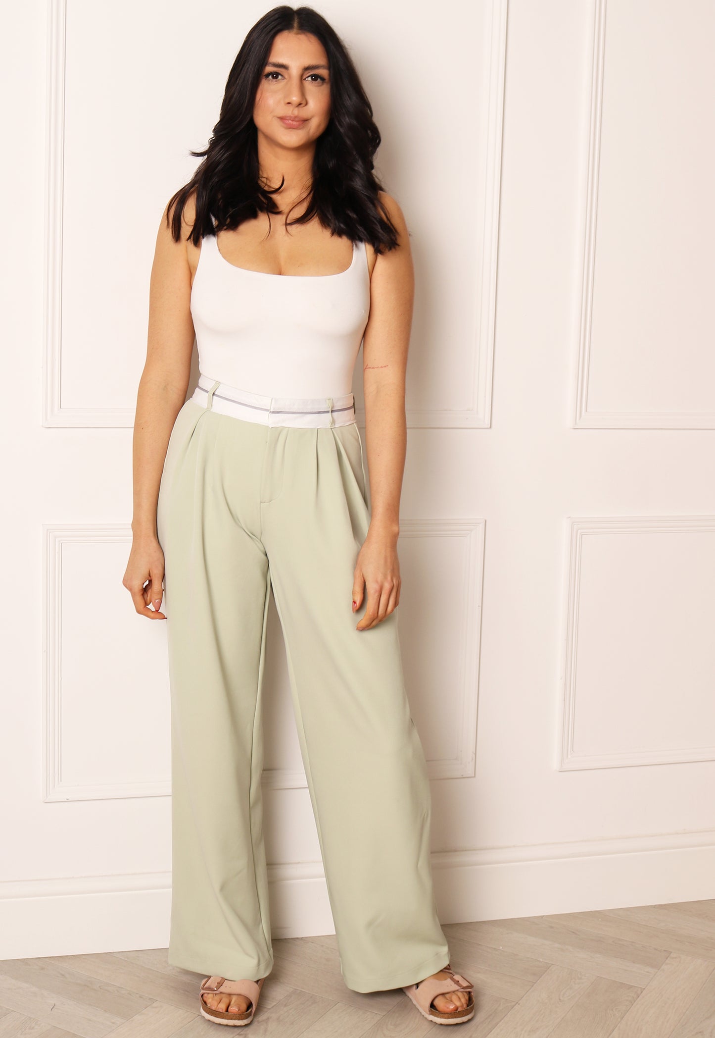 
                  
                    ONLY Malika Dart Wide Leg Relaxed Dad Trousers with Rolled Waistband in Sage Green - One Nation Clothing
                  
                