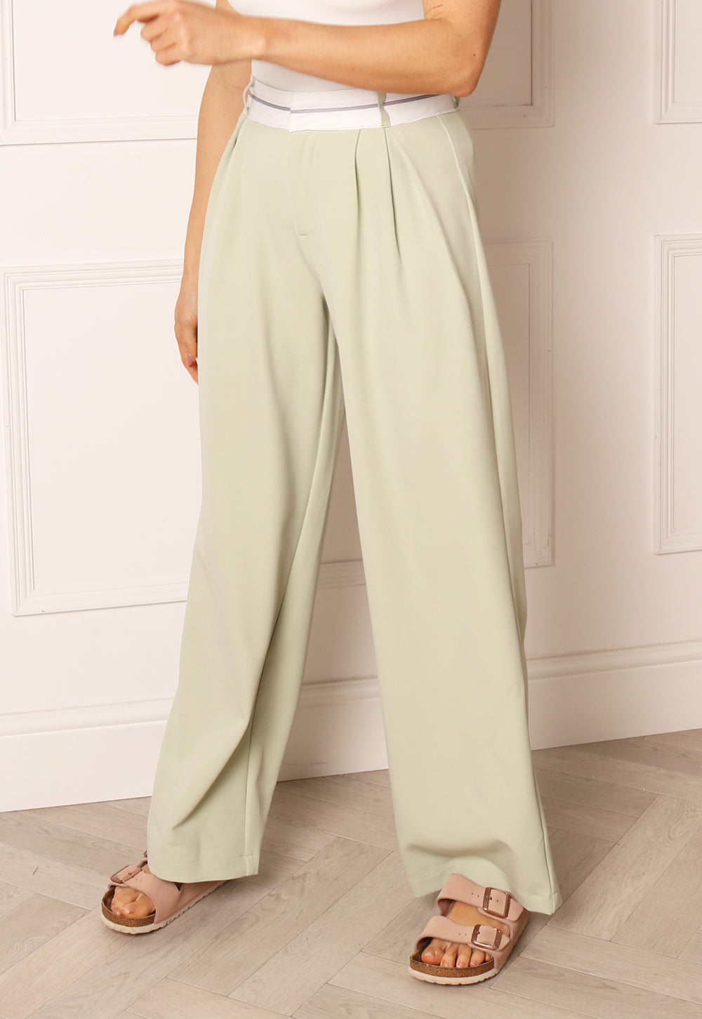 ONLY Malika Dart Wide Leg Relaxed Dad Trousers with Rolled Waistband in Sage Green - One Nation Clothing