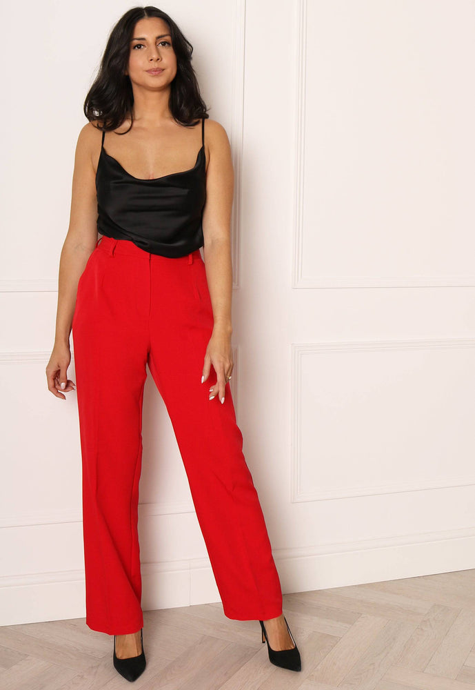 VILA High Waist Wide Leg Suit Trousers in Red - One Nation Clothing