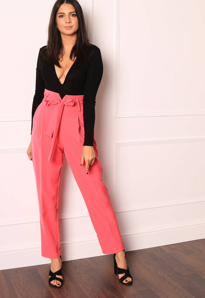 
                  
                    High Waist Tailored Tapered Suit Trousers with Self Tie Belt in Hot Pink - One Nation Clothing
                  
                