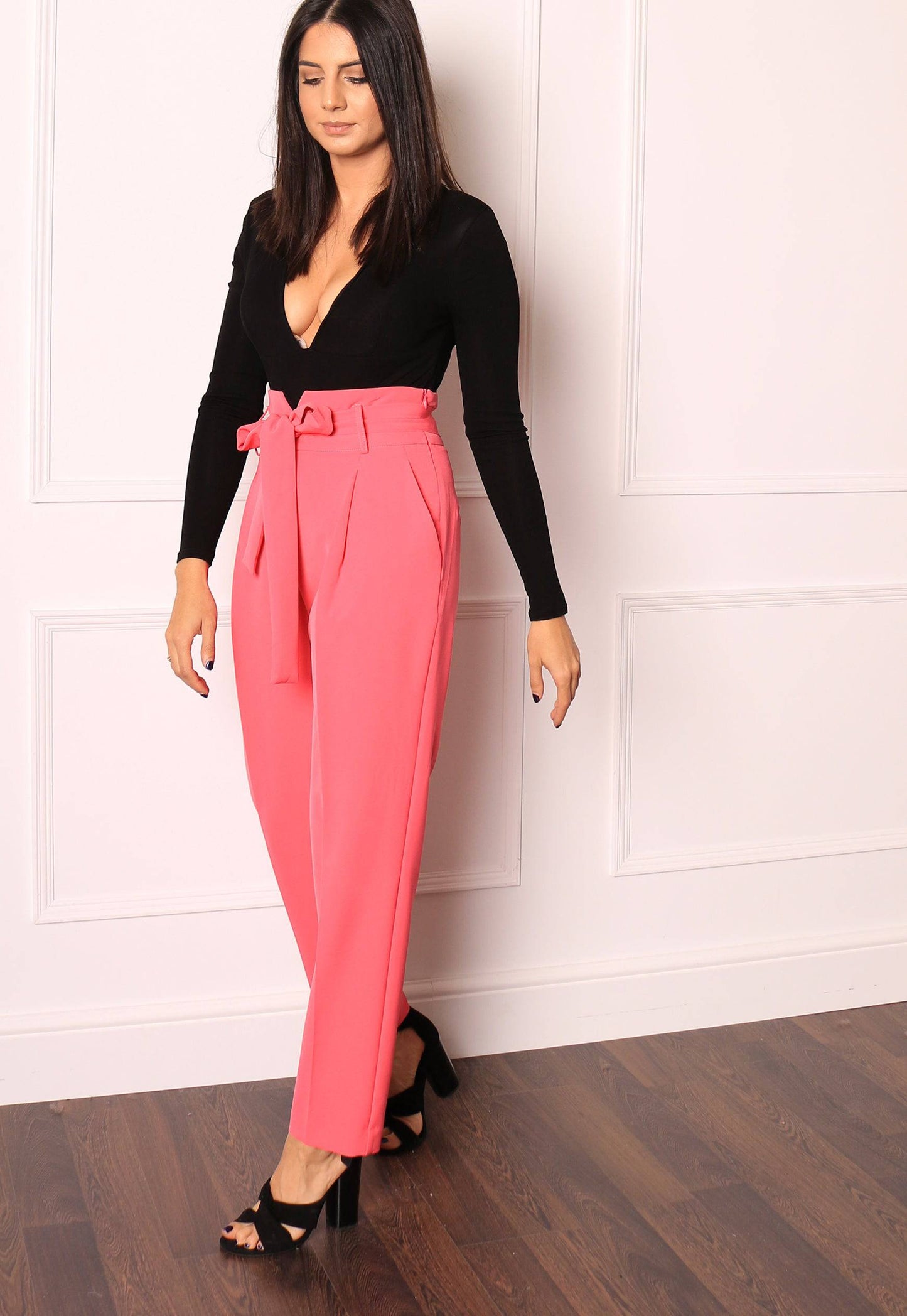 
                  
                    High Waist Tailored Tapered Suit Trousers with Self Tie Belt in Hot Pink - One Nation Clothing
                  
                