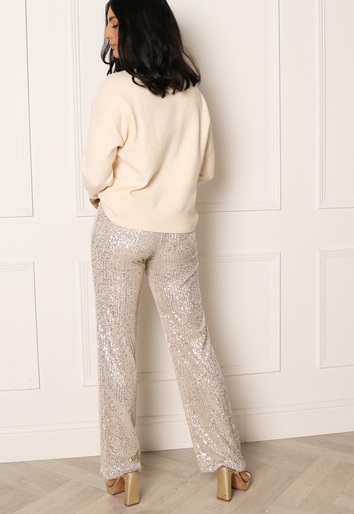 
                  
                    PIECES Delphina Sequin High Waist Wide Trousers in Silver - One Nation Clothing
                  
                