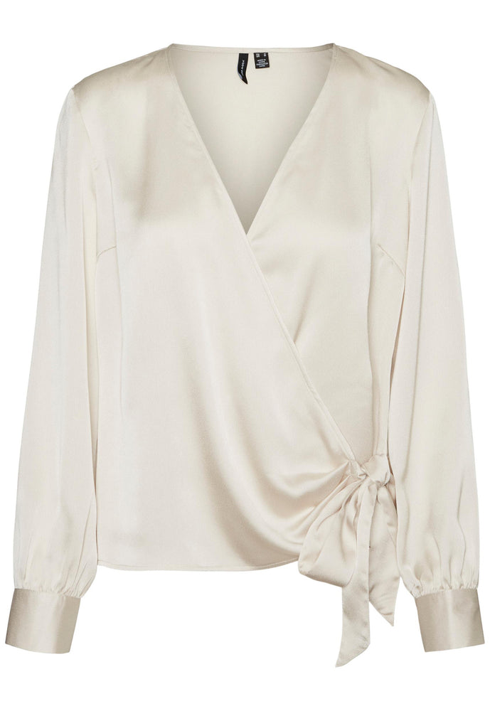 
                  
                    VERO MODA Neel Satin Long Sleeve Wrap Over Blouse Top in Cream - One Nation Clothing
                  
                