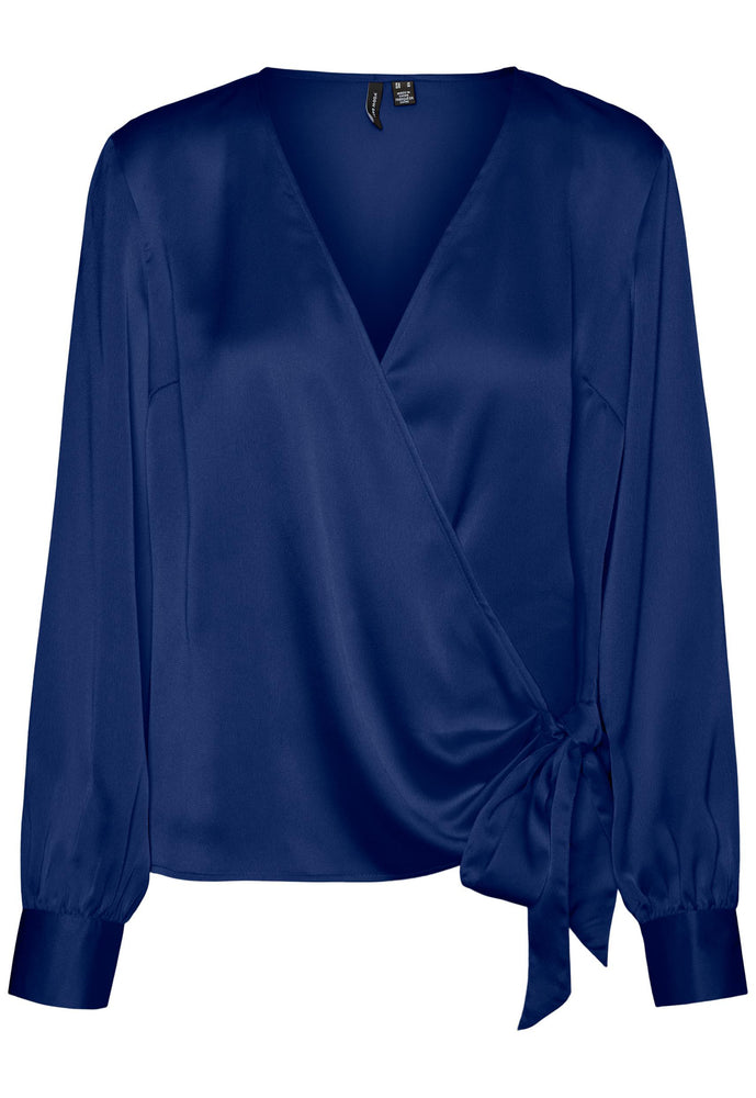 
                  
                    VERO MODA Neel Satin Long Sleeve Wrap Over Blouse Top in Blue - One Nation Clothing
                  
                