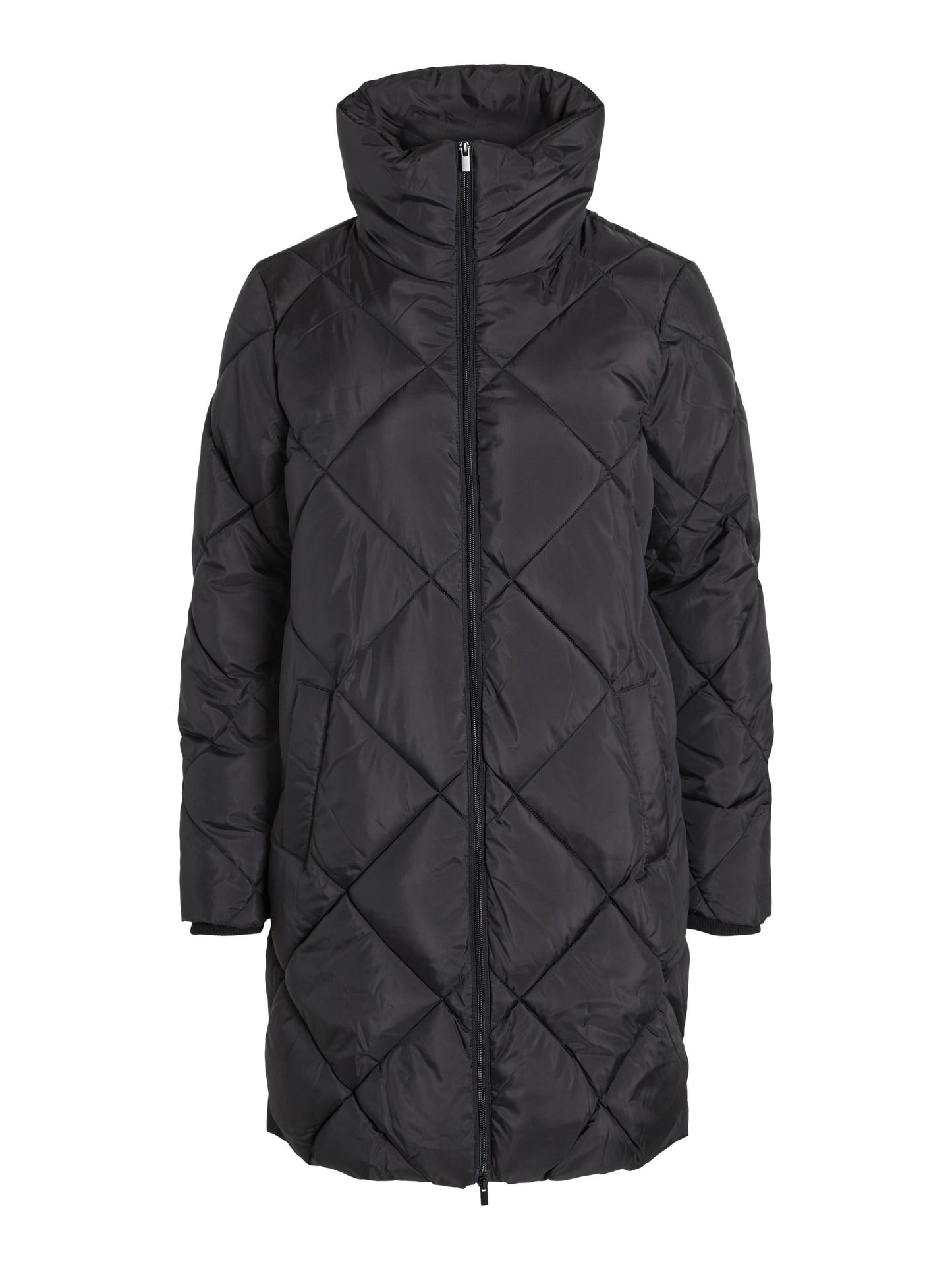 VILA Adaya Diamond Quilted Longline Puffer Coat with Funnel Neck in Black - One Nation Clothing
