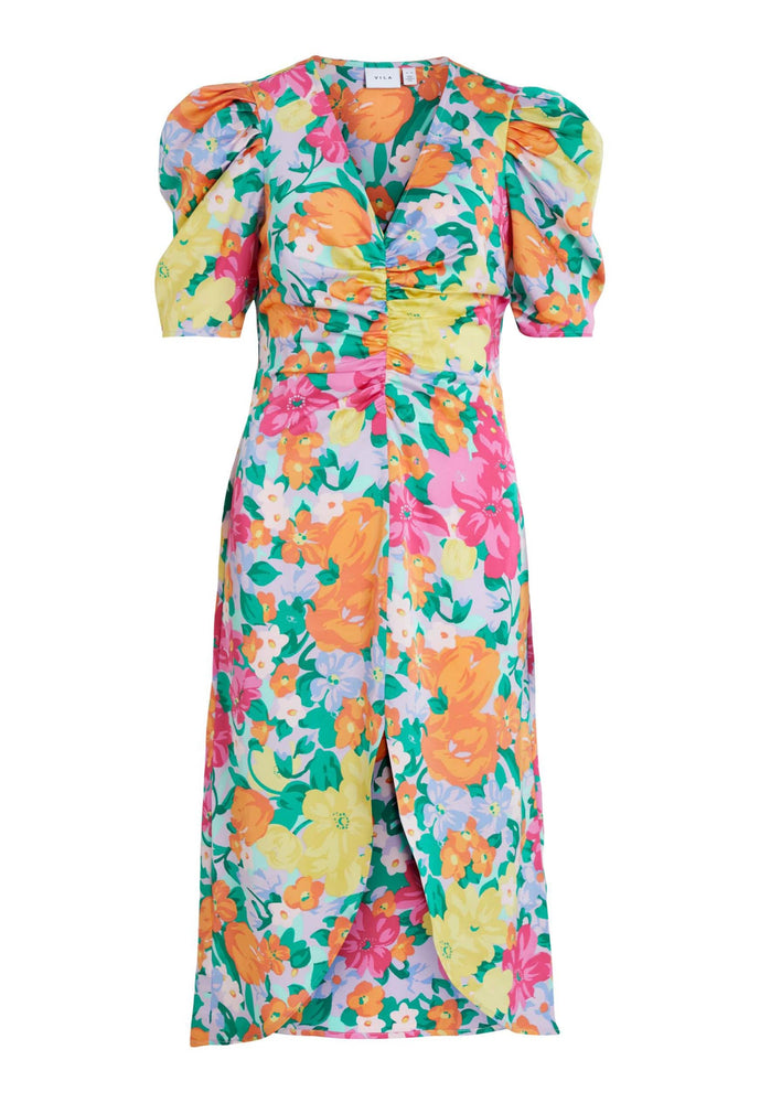 
                  
                    VILA Johanna Bright Floral Print Satin Ruche Front Midi Dress in Multi - One Nation Clothing
                  
                