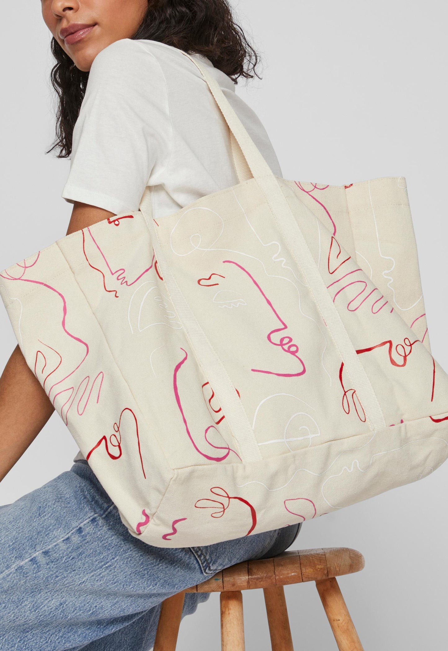VILA Abstract Faces Canvas Tote Shopper Bag in Cream & Pink Tones - One Nation Clothing