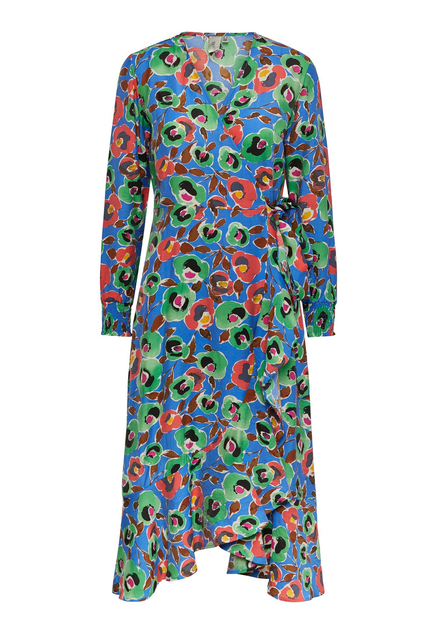 
                  
                    YAS Arty Long Sleeve Floral Print Midi Frill Wrap Dress in Blue, Green & Red - One Nation Clothing
                  
                