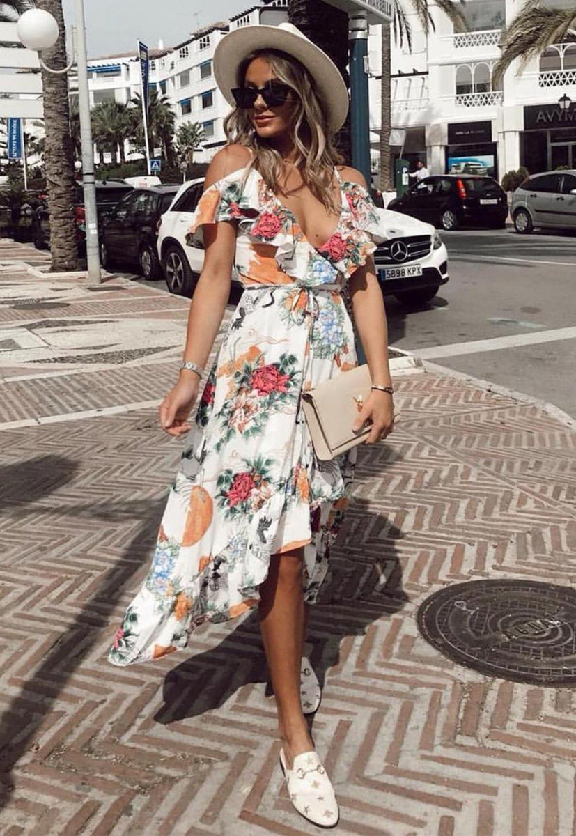 Strappy Cold Shoulder Frill Wrap Midi Dress with Floral & Bird Print in ...