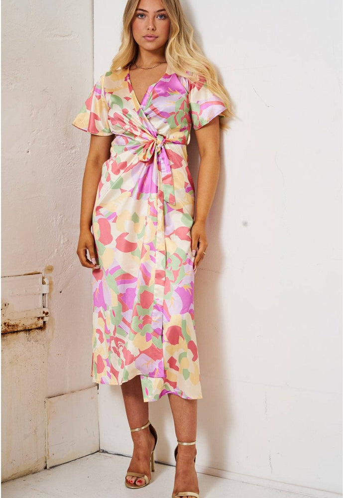 
                  
                    Printed Short Sleeve Satin Wrap Midi Dress in Pastel Pink & Yellow Floral - One Nation Clothing
                  
                