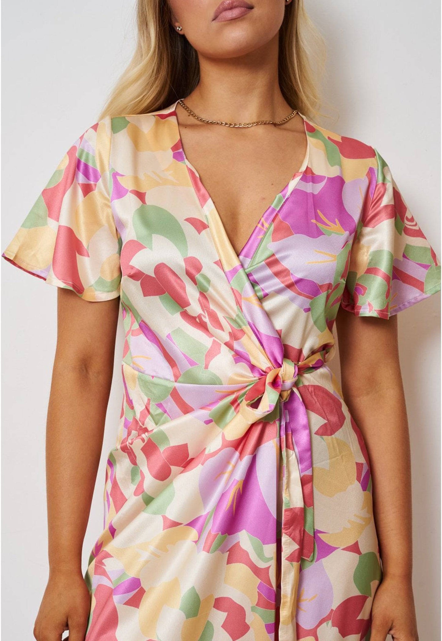 
                  
                    Printed Short Sleeve Satin Wrap Midi Dress in Pastel Pink & Yellow Floral - One Nation Clothing
                  
                