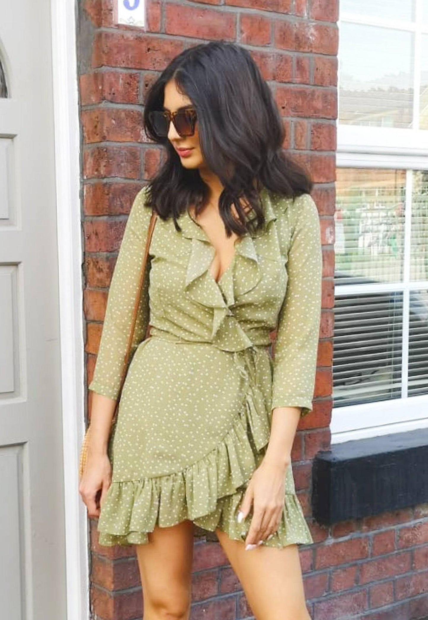 
                  
                    Teardrop Spot Three Quarter Sleeve Frill Edge Wrap Over Mini Dress in Sage Green & White - One Nation Clothing
                  
                